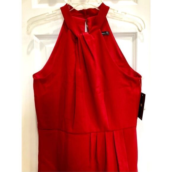 JULIA JORDAN - NWT - L Sz 8 Knot Neck Tulip Hem Midi Dress in Red Scuba Crepe ♥️ - Picture 9 of 16